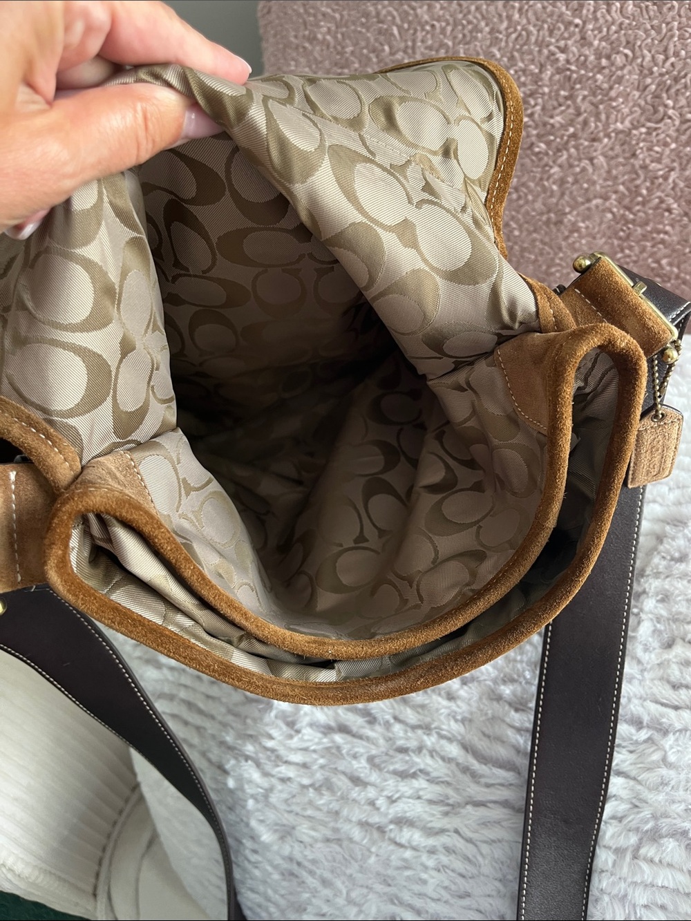 Coach Brown Suede Buckle Shoulder Bag with Dark Strap - Picture 8 of 12